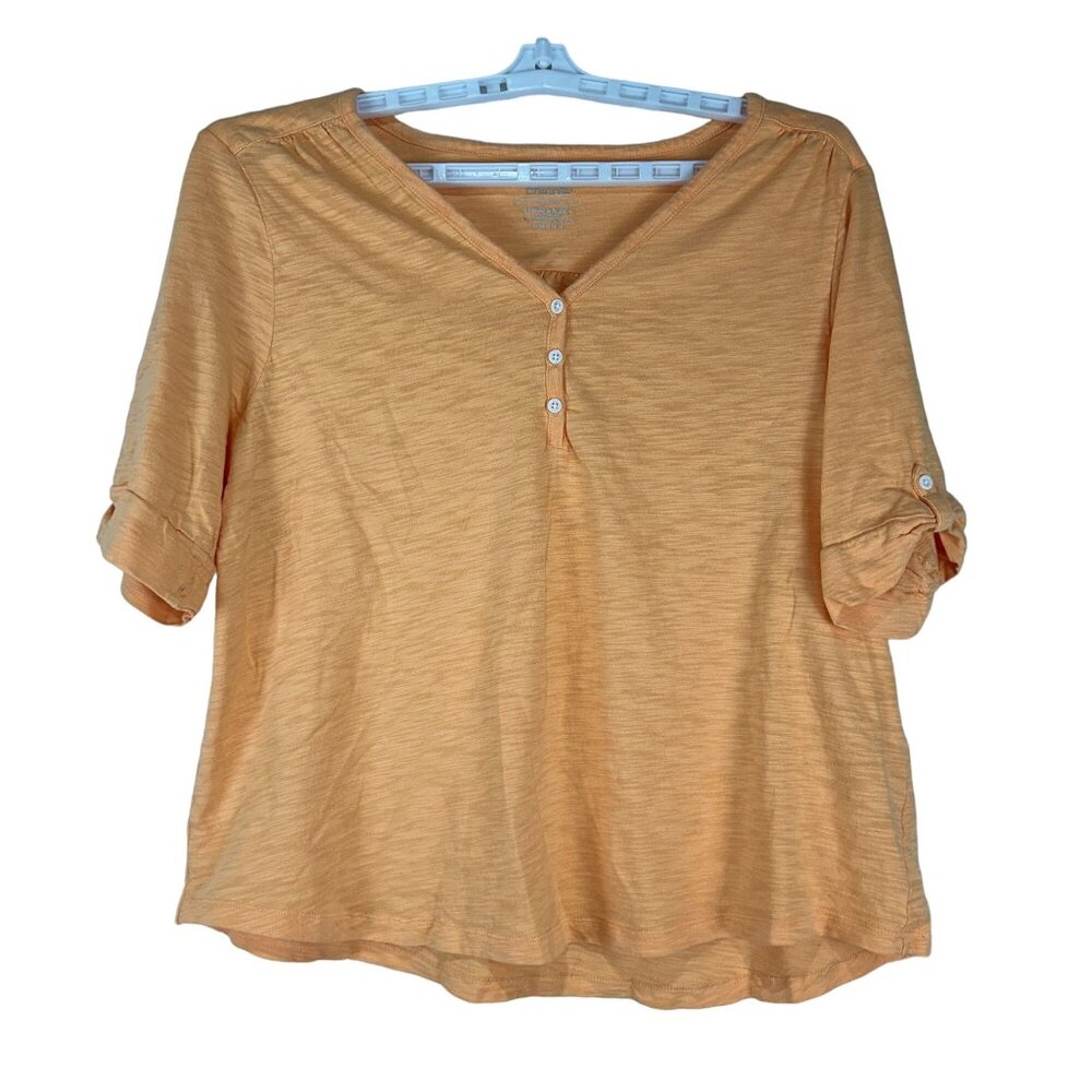 Chicos Ultimate Tee Womens Beige Roll Tab Sleeve Casual Top Size XXL